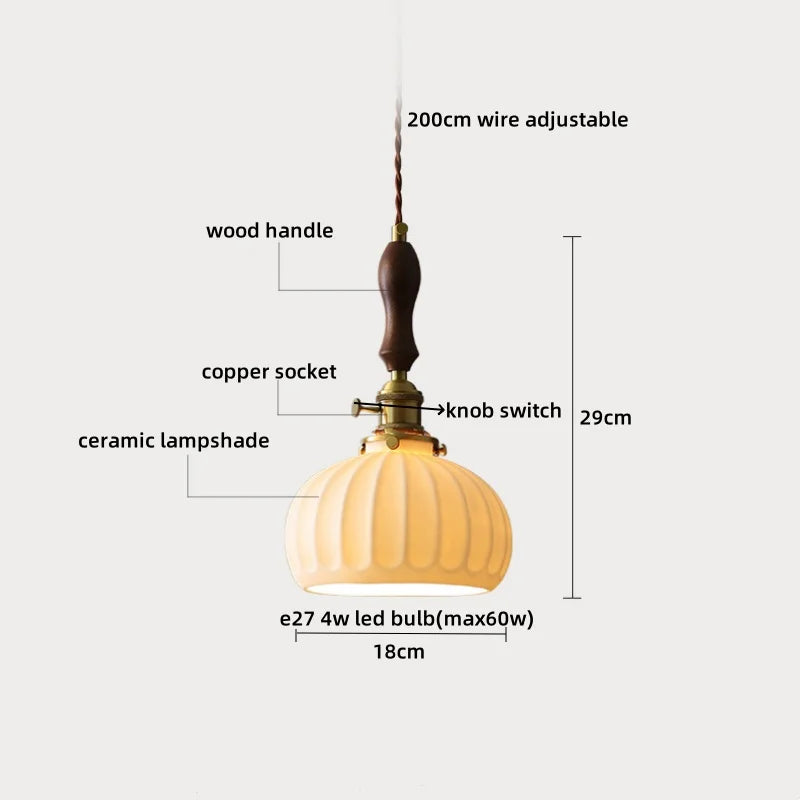 Copper Glass Pendant Light Fixture with Wood Handle & LED Bulb