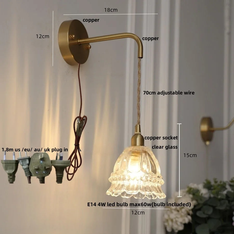 Amber Glass LED Wall Light with Pull Chain Switch, Modern Nordic Flower Wall Sconce