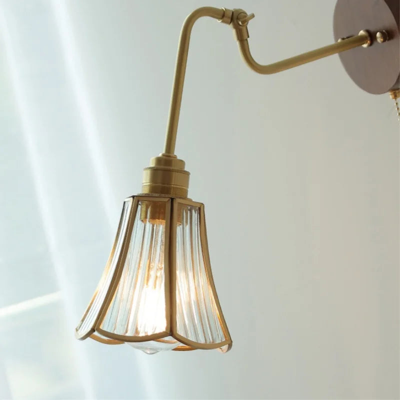 Copper Rotate Arm LED Wall Light: Clear Glass Walnut Bedside Lamp