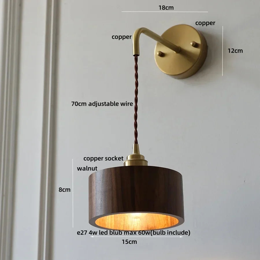 Wood LED Wall Lamp with Copper Socket & Pull Chain Switch - Adjustable Staircase Light