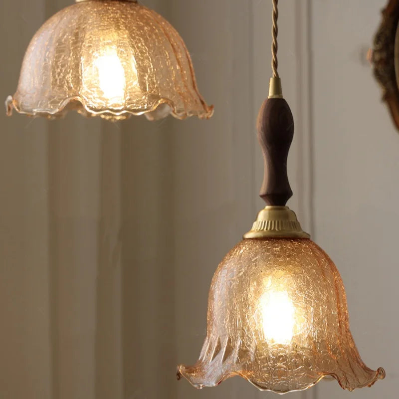 Amber Glass LED Pendant Lamp Walnut Wood Copper Hanging Light