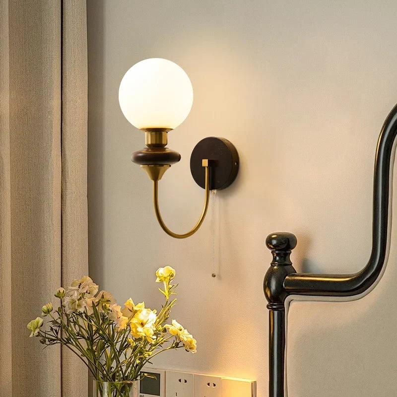 Wood Glass LED Wall Sconce Pull Chain Switch Bathroom Vanity Light
