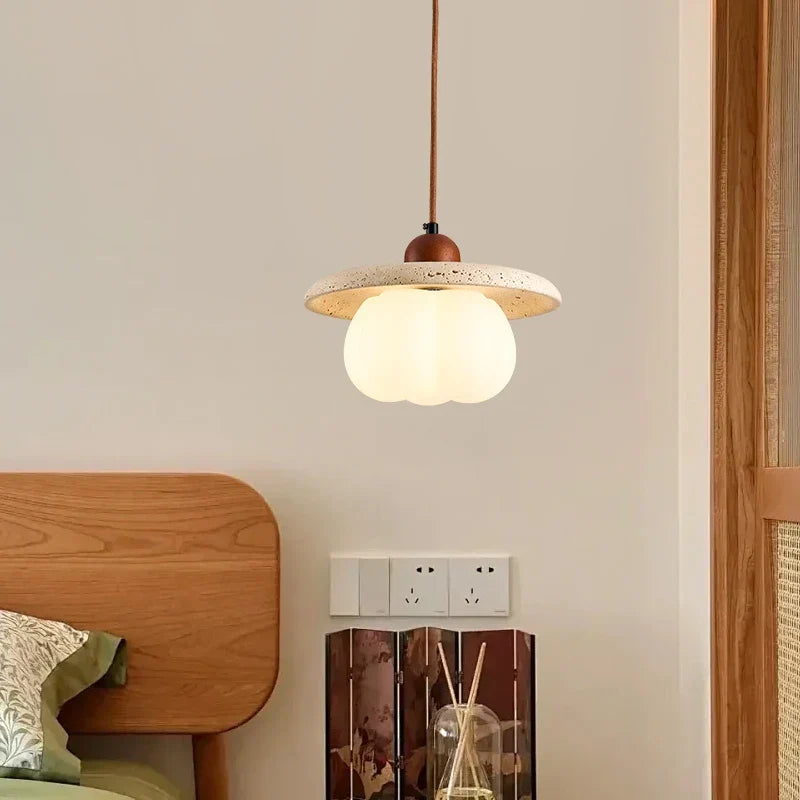 Pumpkin Glass Pendant Lights Yellow Travertine Hanging Lamp for Kitchen Bedroom Decor