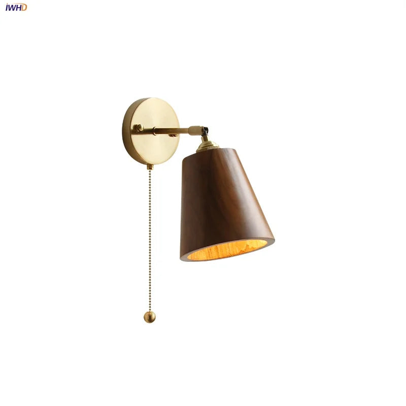 Walnut Wood LED Wall Light Fixture with Pull Chain Switch, Rotating Up Down Design