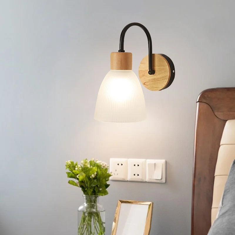 Afralia™ Wood Base Glass LED Wall Sconce Modern Bathroom Light Fixture