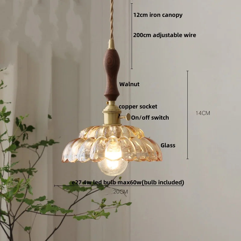 Walnut LED Glass Flower Pendant Light Fixture Adjusts Wire Modern Dining Bathroom