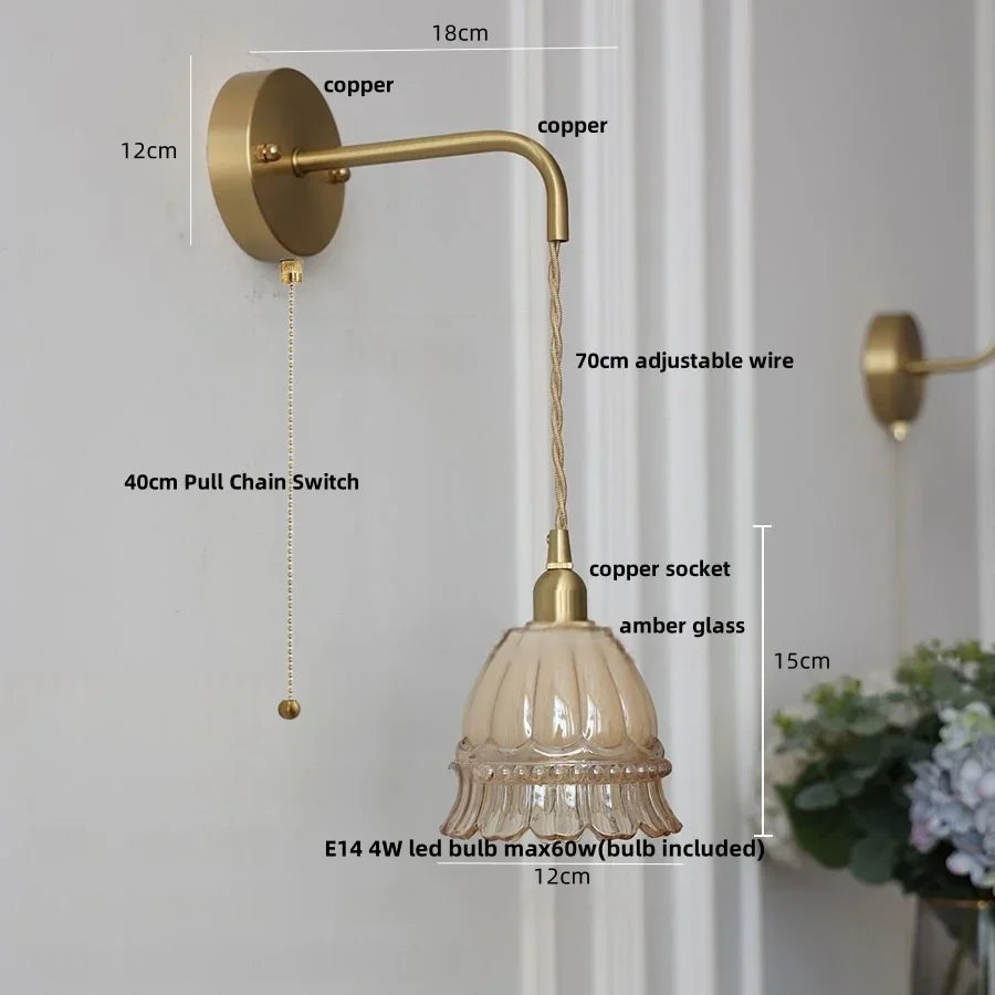 Amber Glass LED Wall Light with Pull Chain Switch, Modern Nordic Flower Wall Sconce