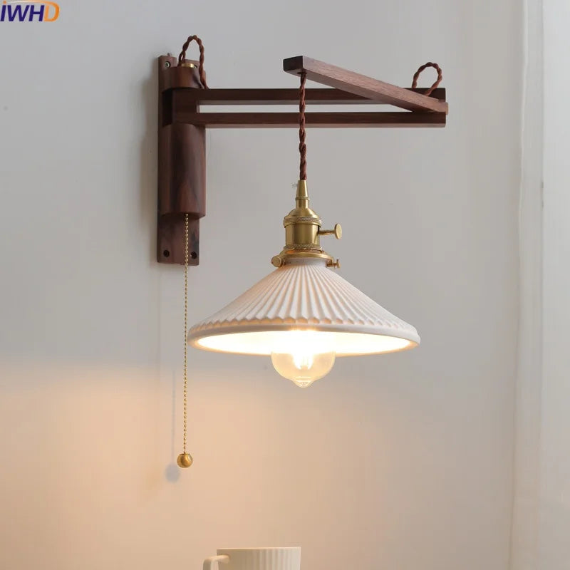 Ceramic Copper LED Wall Lights Pull Chain Switch Nordic Bedside Lamp