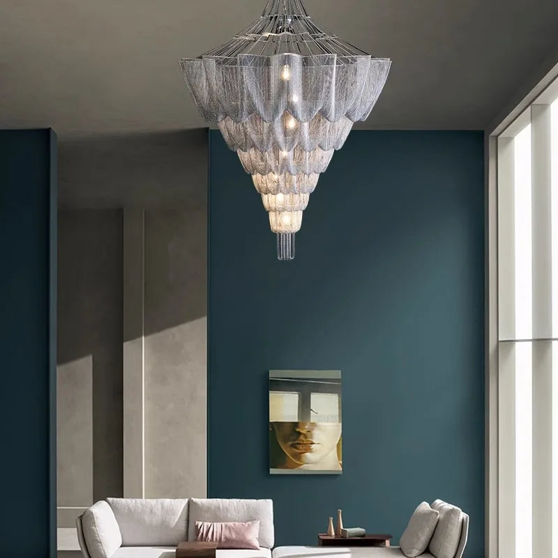 Nordic Tassel Chandelier Spiral Staircase Ceiling Light for Villa Living Room