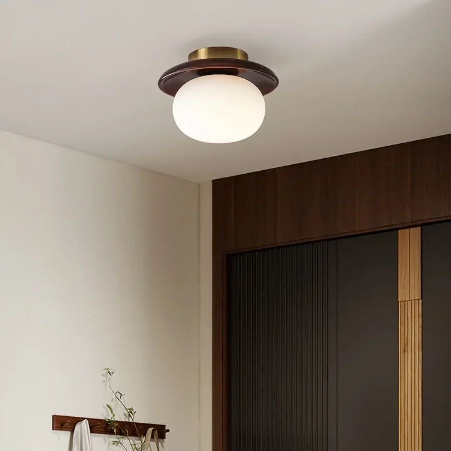 White Glass LED Ceiling Light Fixture with Wood Copper Canopy