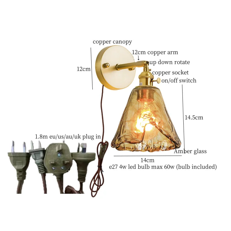Amber Glass LED Wall Lamp for Bedroom Minimalistic Copper Lighting