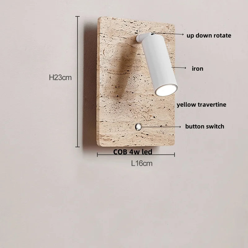 LED Wall Light Fixtures Bedroom Modern Button Switch Yellow Travertine White Iron Bedside Lamp