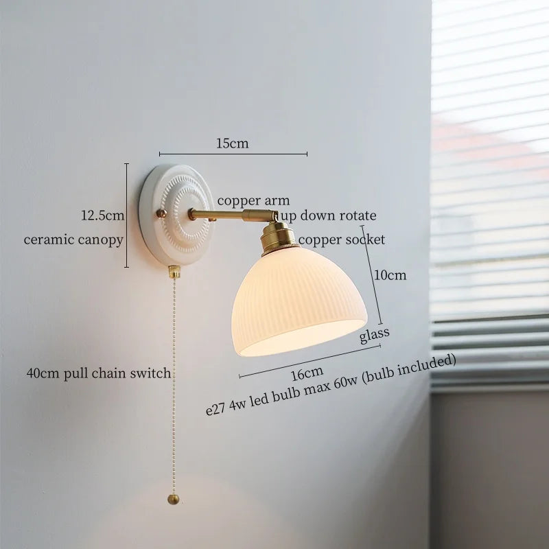 White Glass LED Wall Lights Pull Chain Switch Copper Arm - Bedroom Stair Living Room Mirror Bedside Lamp