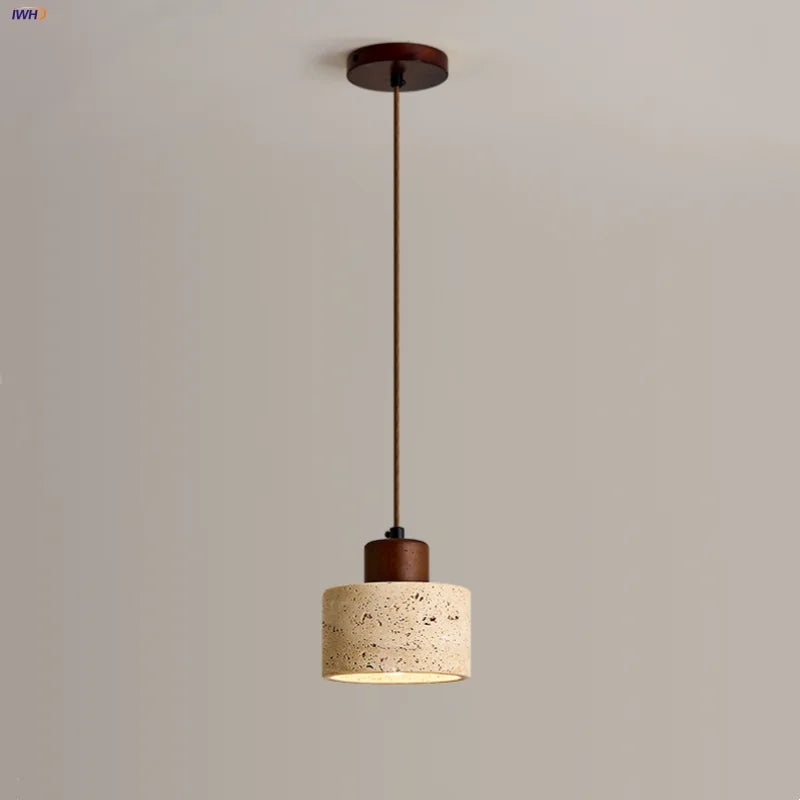 LED Pendant Light: Modern Nordic Wood Canopy Yellow Travertine Luminaire
