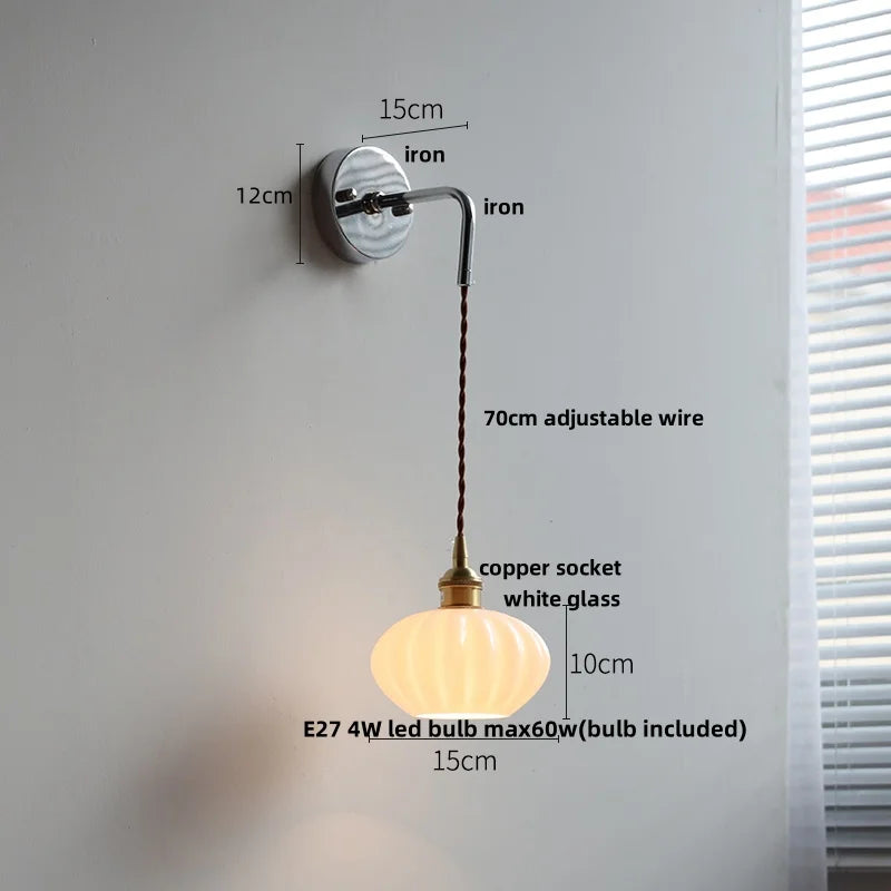 Ceramic Canopy LED Wall Lamp, Adjustable Wire, Pull Chain Switch