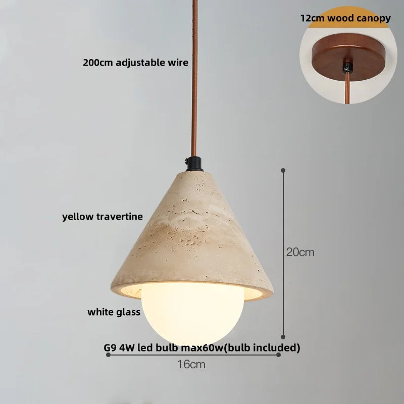 White Glass LED Pendant Lights Modern Yellow Travertine Wood Hang Lamp