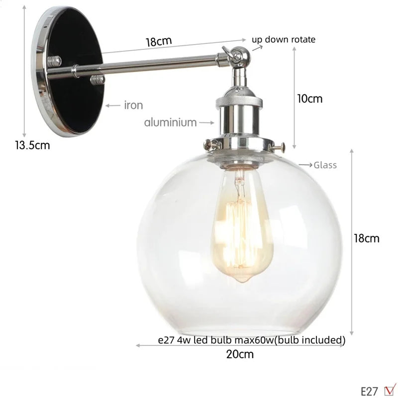 Afralia™ Glass Globe LED Wall Light Fixture Single Arm Bedside Lamp Vintage Industrial Style