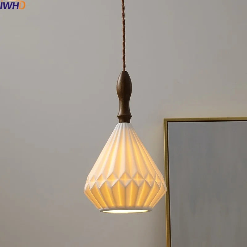 Ceramic Wood Pendant Light - Nordic Modern LED Hanging Lamp for Home Decor