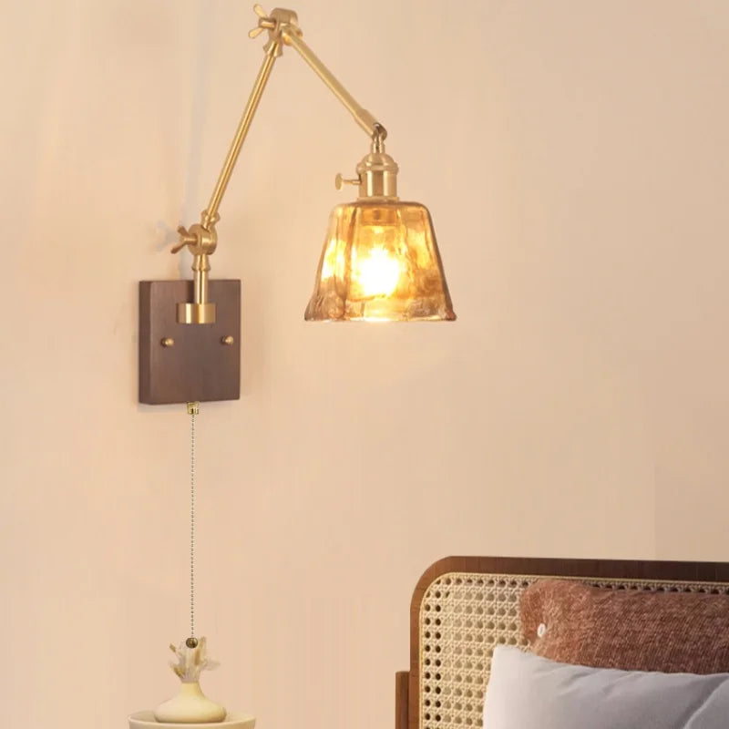 Wood LED Wall Light with Pull Chain Switch & Rotatable Amber Glass