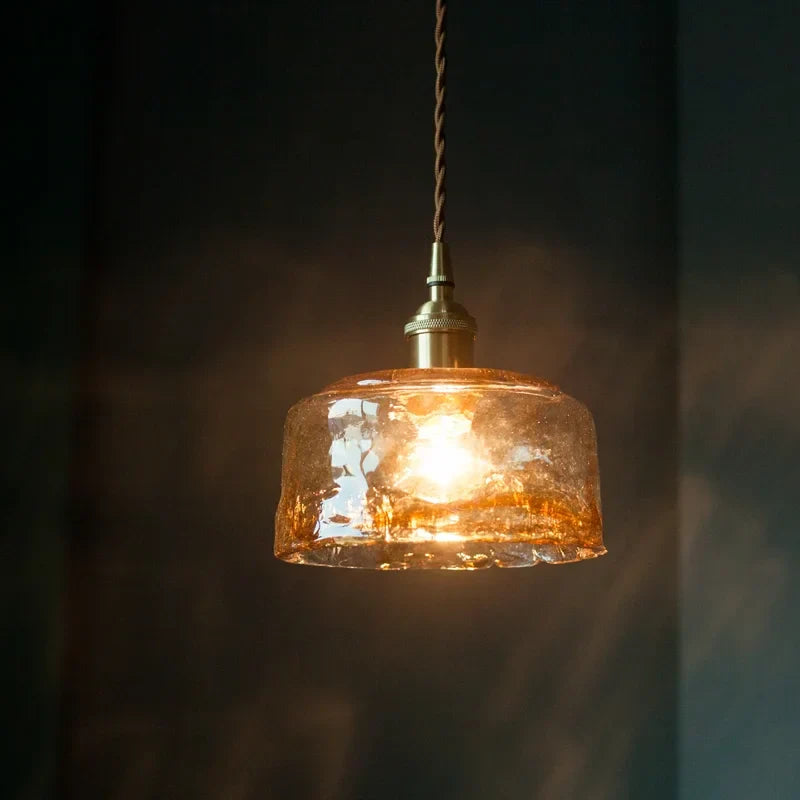 Brass Amber Glass LED Pendant Light for Restaurant Bedside Kitchen Loft Bar