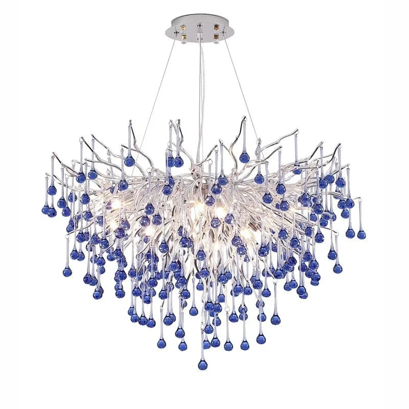 Blue Crystal LED Chandelier: Luxury Classic Pendant Light for Living Room.