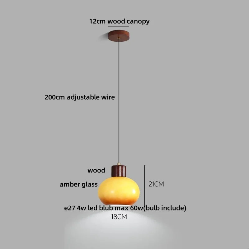 Afralia™ Amber Glass LED Pendant Light for Kitchen Cafe Restaurant Rustic Wood Interior Lighting