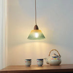Walnut Wood LED Pendant Lamp Green Glass Modern Interior Hanging Light