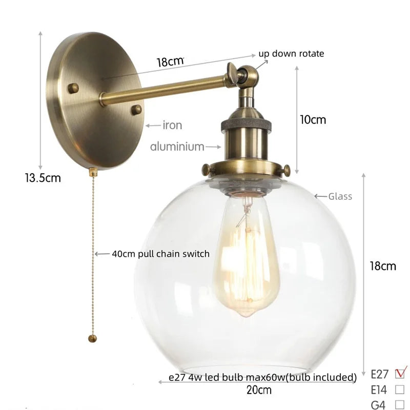 Afralia™ Glass Globe LED Wall Light Fixture Single Arm Bedside Lamp Vintage Industrial Style