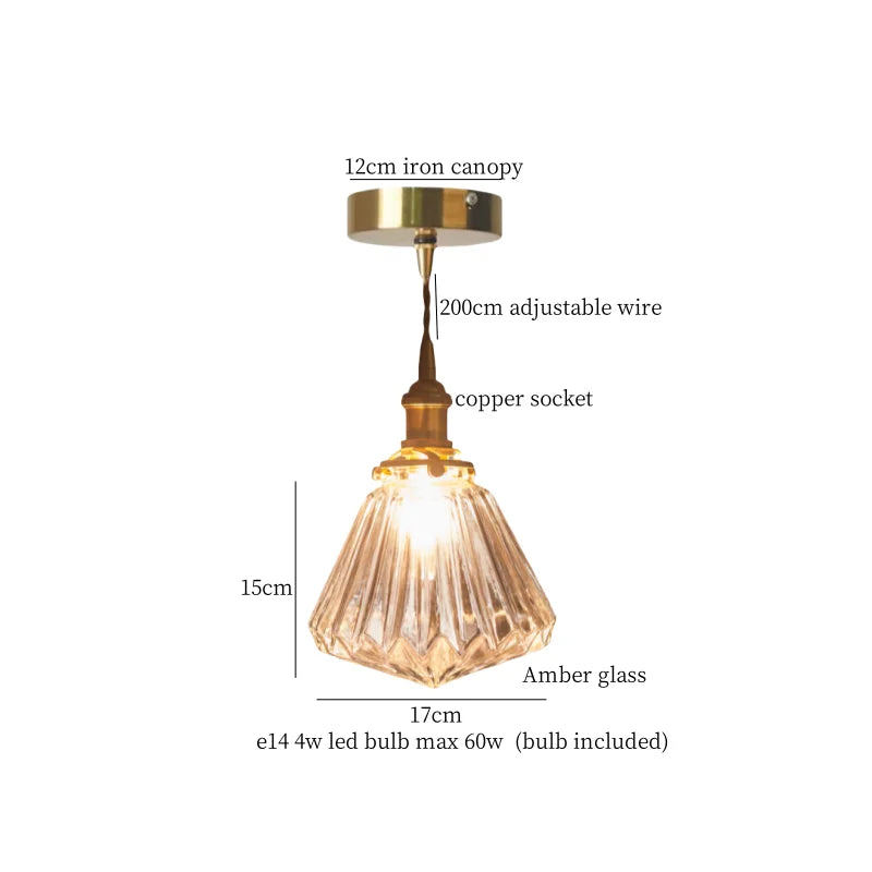Brass Amber Glass LED Pendant Light for Restaurant Bedside Kitchen Loft Bar