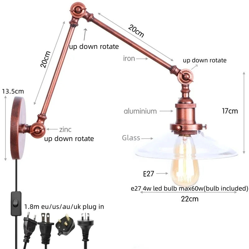 Adjustable Glass Swing Arm LED Wall Sconce with Pull Chain Switch