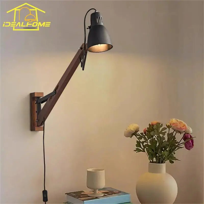 LED Long Pole Swing Arm Wall Lamp, Solid Wood, Adjustable, Industrial Designer