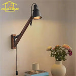 LED Long Pole Swing Arm Wall Lamp, Solid Wood, Adjustable, Industrial Designer
