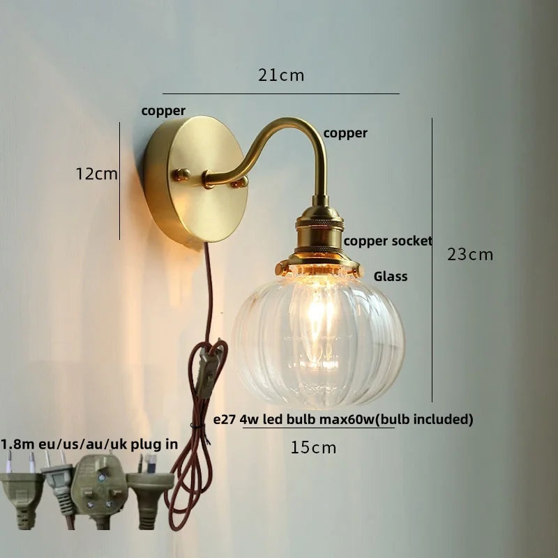 Clear Glass LED Wall Sconce Pull Chain Switch Modern Copper Bedside Lamp