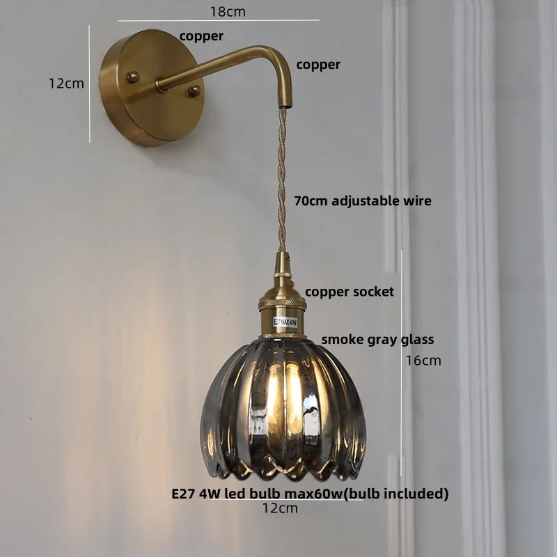 Smoke Gray Glass LED Wall Light Fixture Minimalist Pull Chain Switch Bedside Lamp