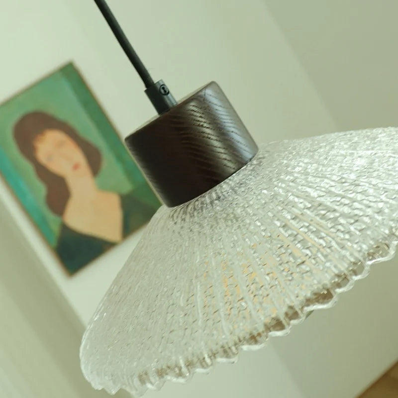 Clear Glass LED Pendant Light Fixture Wood Hanging Lamp