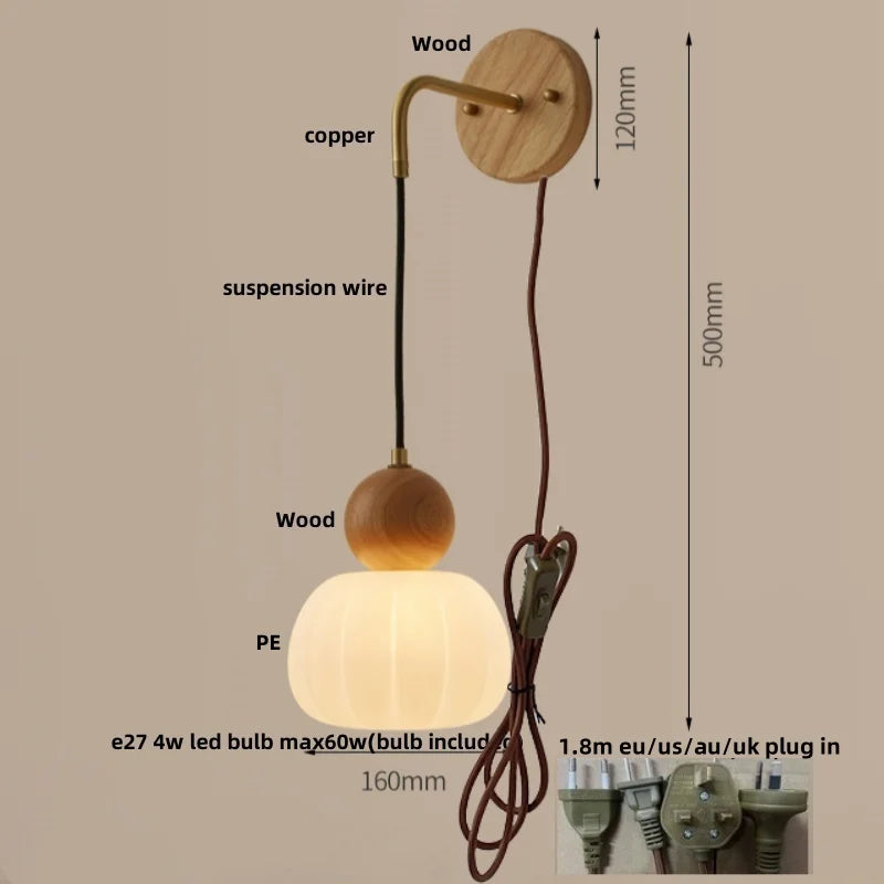 Walnut Wood LED Wall Lamp Sconce Pull Chain Switch Adjustable Art Light