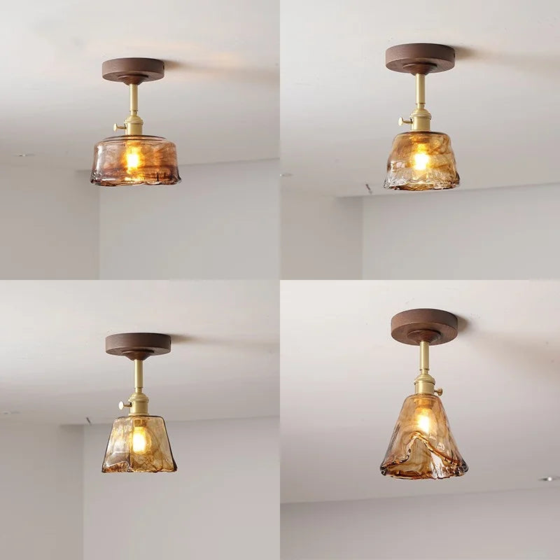 Amber Glass Copper LED Ceiling Light Fixture for Modern Home Decor
