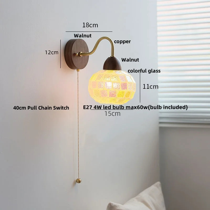 Tiffany Style LED Wall Sconce Walnut Wood Glass Stair Light.