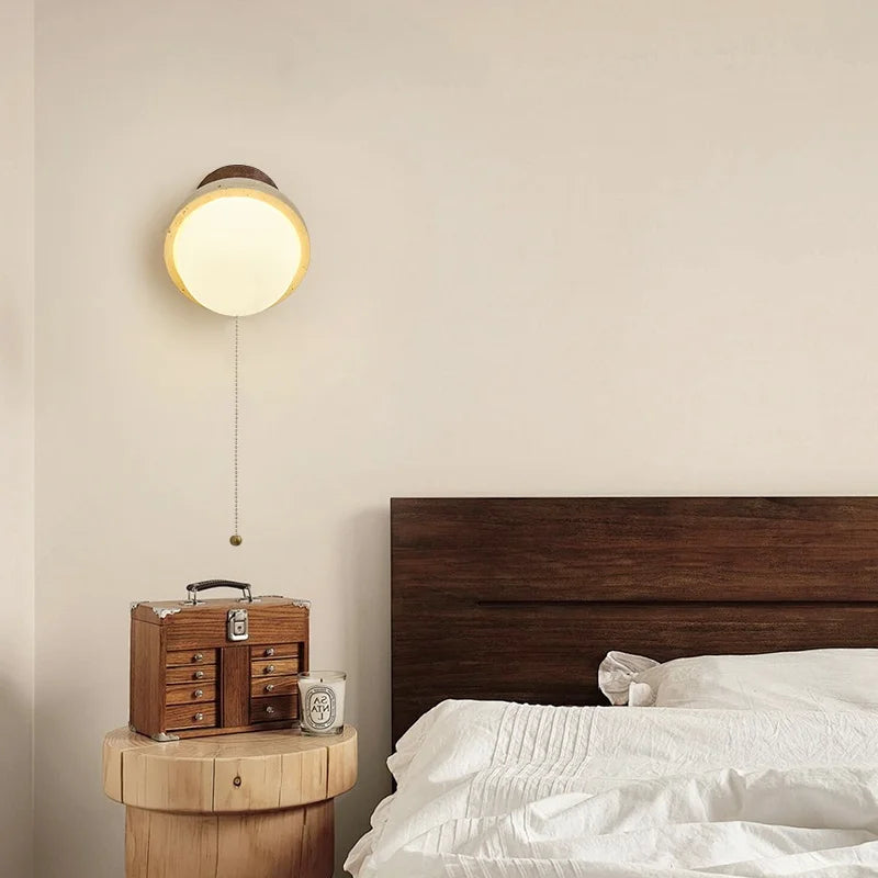 White Glass LED Wall Lamps Pull Chain Yellow Travertine Modern Bathroom Light