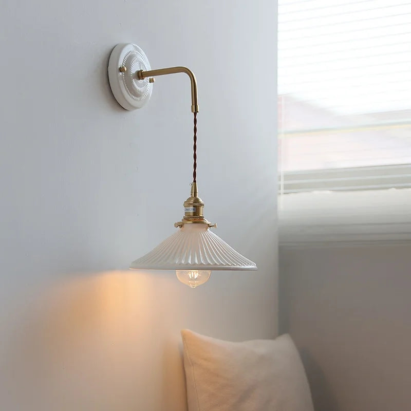 Pleats Ceramic LED Sconce Lamp with Adjustable Copper Arm for Bedroom Bathroom Mirror