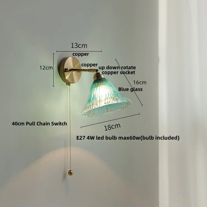 Blue Glass Wall Sconce Pull Chain Switch Rotate Stair Light