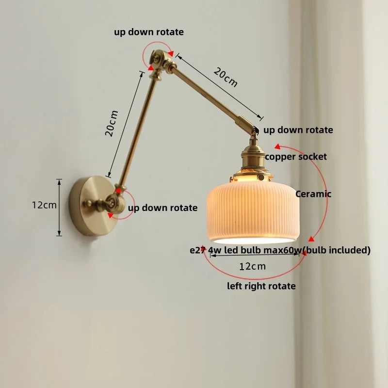 Ceramic Copper LED Wall Lights with Pull Chain Switch - Nordic Modern Bedside Lamp
