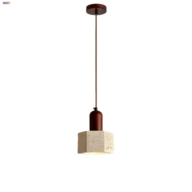 Yellow Travertine Wood Base LED Pendant Lights - Modern Adjustable Hanging Lamp