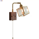 Walnut LED Wall Lights Pull Chain Switch Bedside Lamp Vintage Cube Glass Stair Light