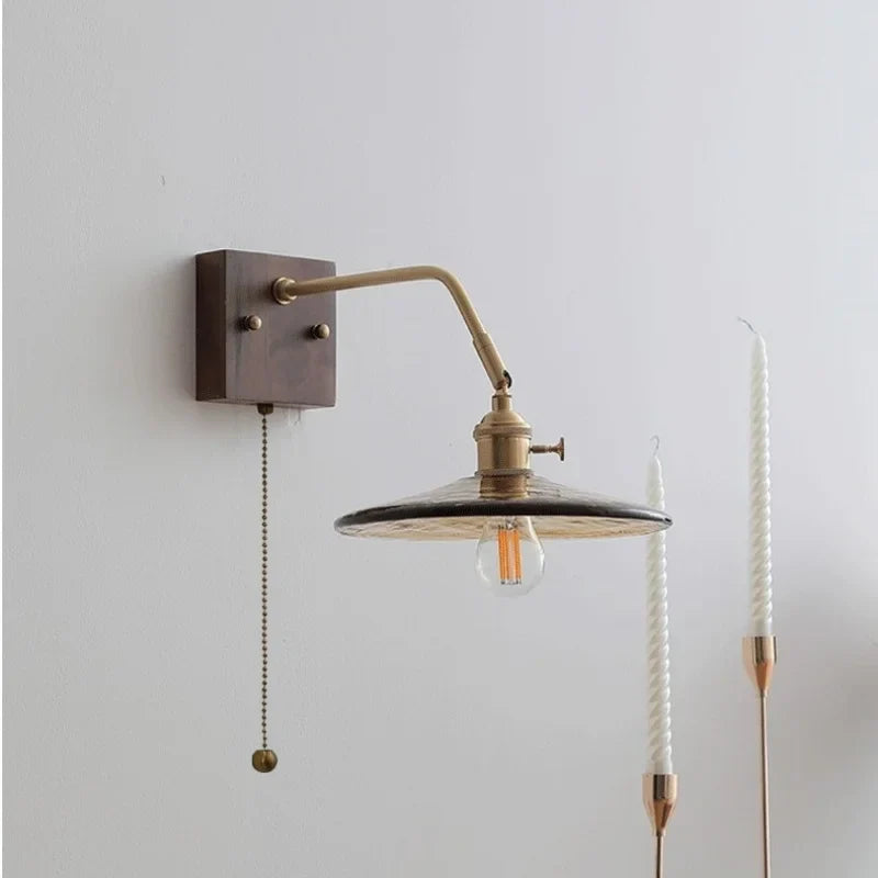 Walnut Copper LED Wall Lights Fixture with Pull Chain Switch - Modern Bedside Lamp