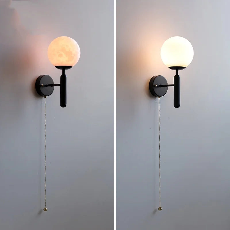 Modern Black Iron LED Wall Light with Pull Chain Switch & White Glass