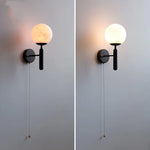 Modern Black Iron LED Wall Light with Pull Chain Switch & White Glass