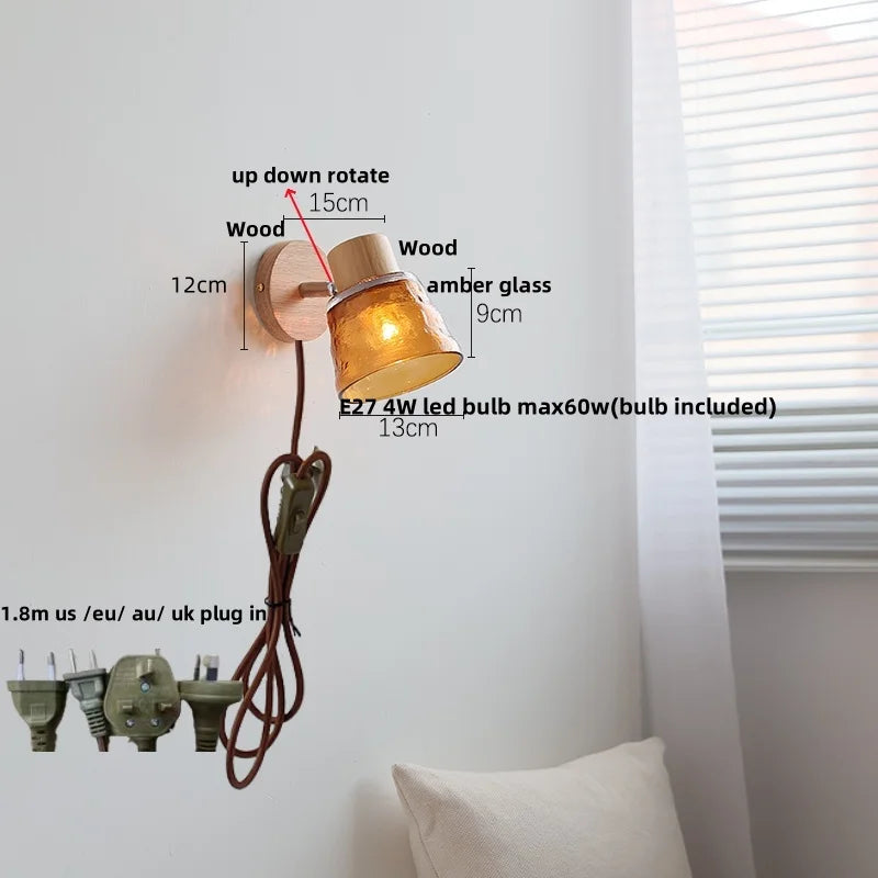 Amber Glass LED Wall Sconce Nordic Modern Wood Pull Chain Switch Stair Light