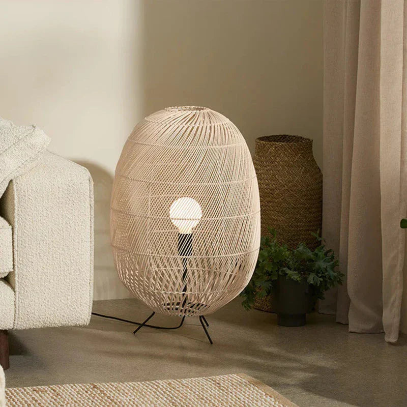 Rattan Ball Floor Lamp for Living Room, Bedroom, Study - Hand-Woven Wood Floor Light