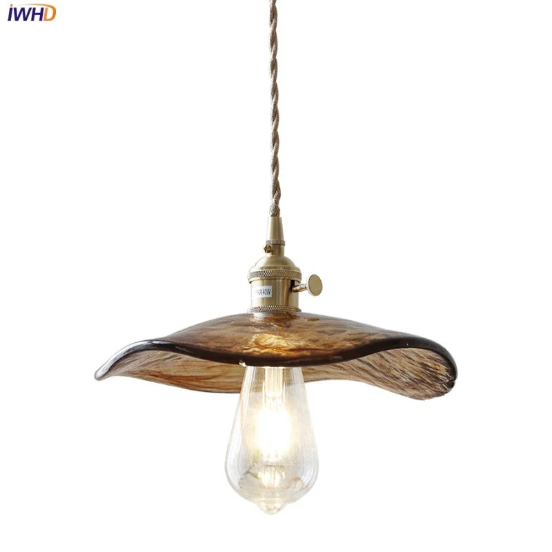 Brass Knob Switch LED Pendant Light, Nordic Amber Glass Hanging Lamp